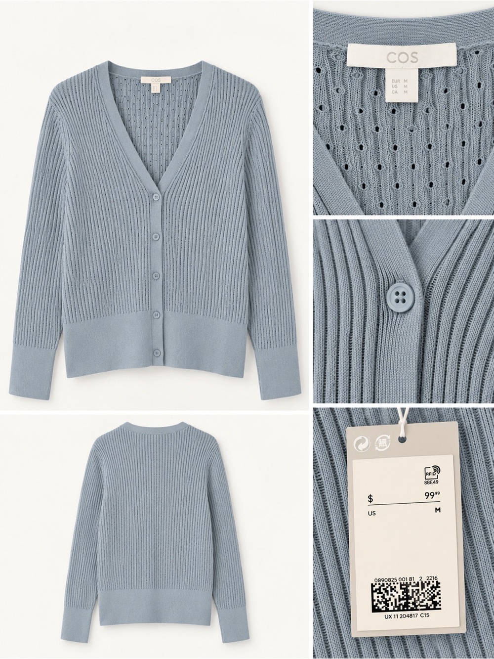 COS Women's Dusty Blue Ribbed V-Neck Cardigan